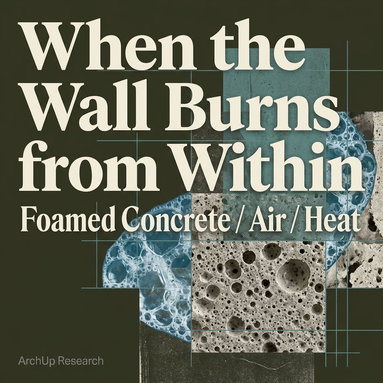 Editorial cross-section illustration of foamed concrete porous matrix with soap foam fragments and thermal grid lines on dark olive background