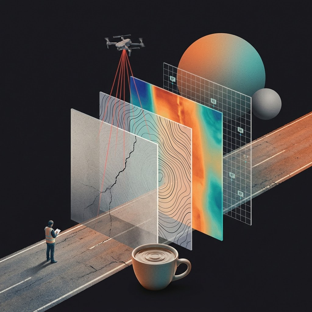 One asphalt road read through layered planes (photo, contour, thermal, score) with a drone overhead and a vibrating coffee cup