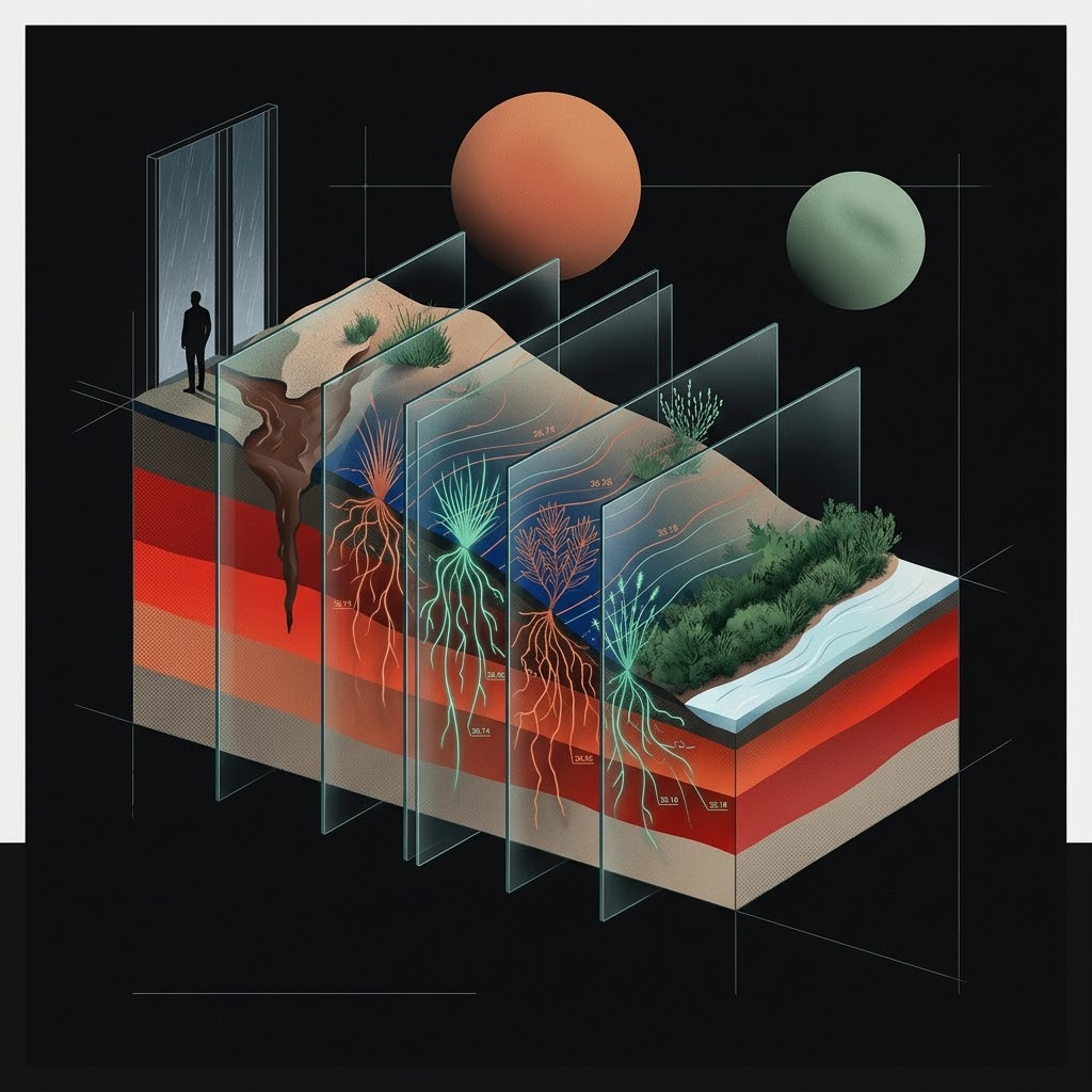 Cross-section of a Mediterranean hillslope with glowing native plant roots in the soil layers, muddy water on one side and clear water on the other