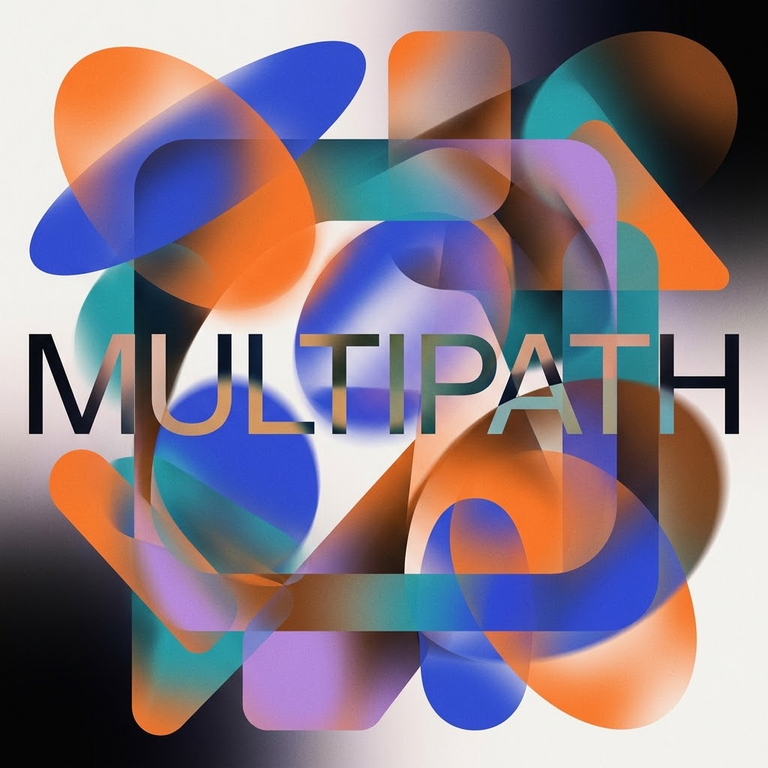 Abstract collage of overlapping orange, blue, teal and violet shapes behind the word MULTIPATH, representing Wi-Fi signal reflections