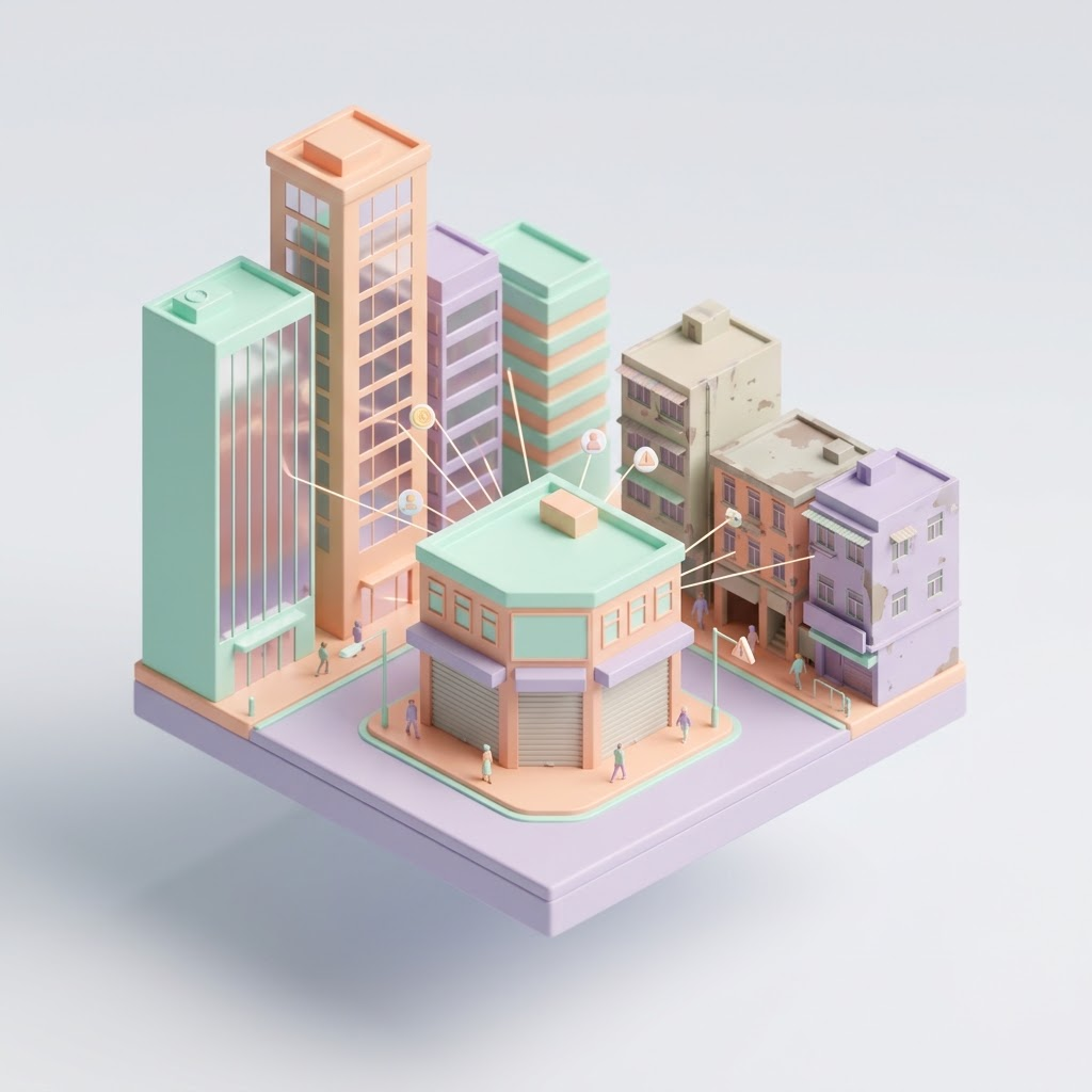 Isometric 3D diorama of a floating city block with a small closed corner shop at its center, surrounded by tall glossy towers on one side and low worn buildings on the other, linked to each neighbor by thin glowing lines and small icons of a coin, a person, and a warning sign.