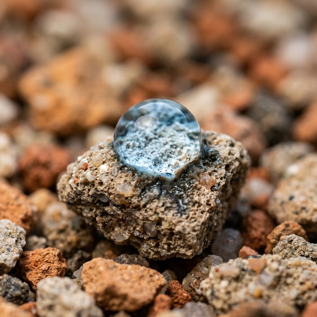 Water droplet seeping into a porous recycled sand grain, illustrating sustainable mortar made from demolition waste