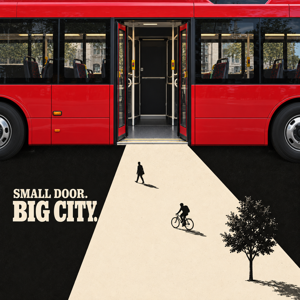 Open doors of a red bus form a pathway with silhouettes of a pedestrian and cyclist, alongside text: SMALL DOOR. BIG CITY