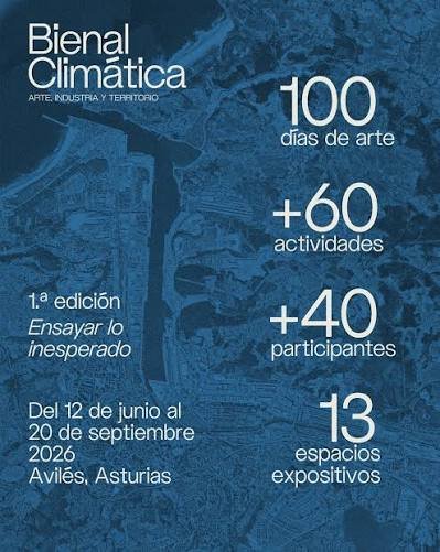 The official promotional image for Bienal Climática 2026, the first Climate Biennial in Avilés, Asturias, Spain. The biennial takes place from June 12 to September 20, 2026, under the theme “Rehearsing the Unexpected,” bringing together contemporary art, ecological transition, industrial heritage, and territorial transformation.