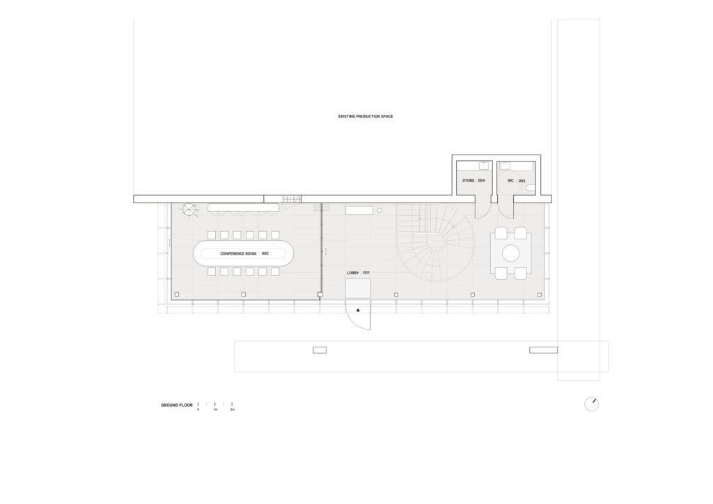 Architectural ground floor plan drawing for Pracownia project showing lobby, conference room, spiral staircase, and adjacent production space.