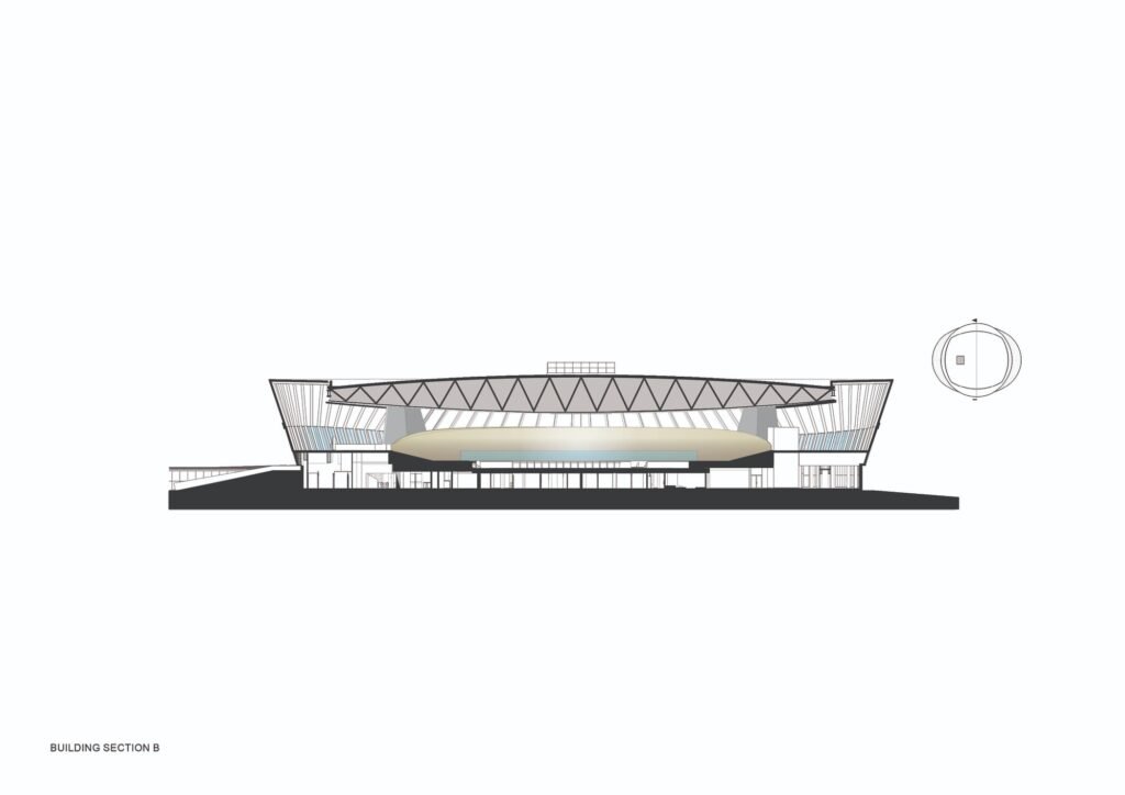 Architectural building section B drawing displaying the structural roof truss, suspended velodrome track level, and ground floor urban court.