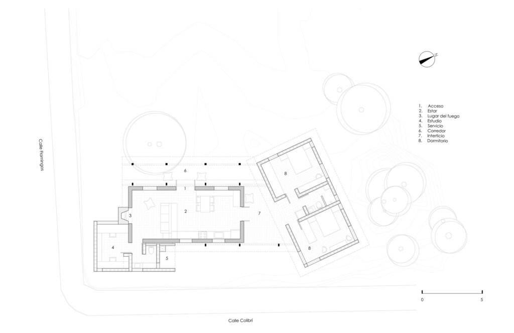 Architectural floor plan of Casa Esteli showing the layout of the renovated main adobe house, new brick extensions, bedrooms, studio, and corridors.
