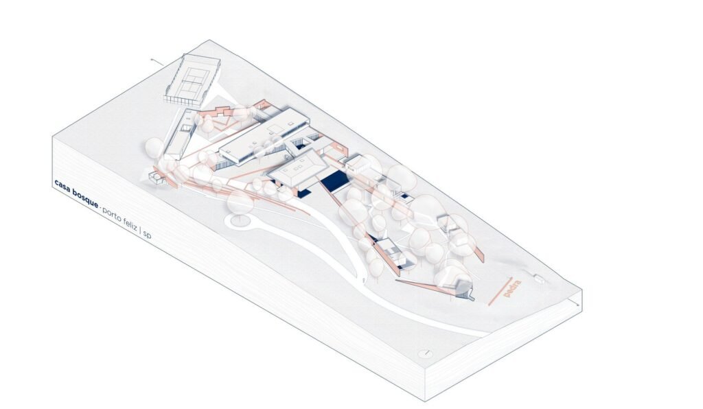 Axonometric architectural diagram of Casa do Bosque illustrating site topography, tree positions, stone retaining walls, and distributed building volumes.