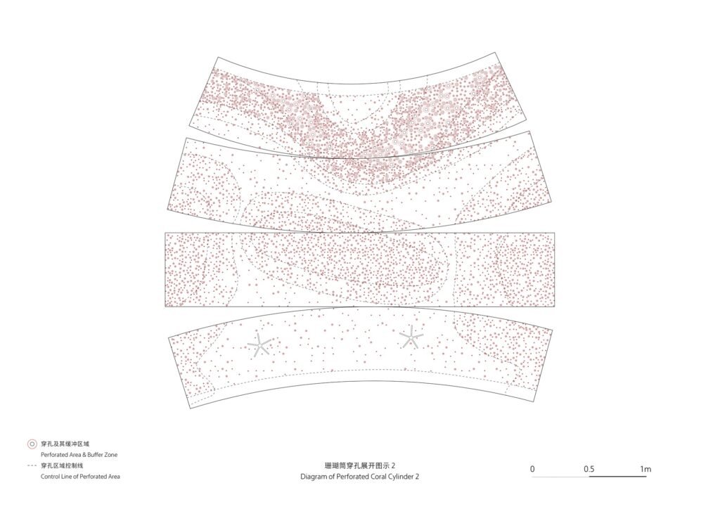 Unfolded technical diagram showing the laser-cut perforation density zones and marine creature control lines for the coral cylinders.