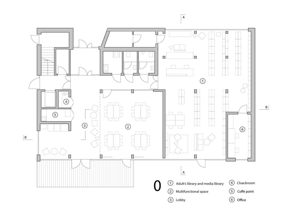 Architectural ground floor plan diagram of the Trzeboszka Public Library showing space layouts and room numbering.