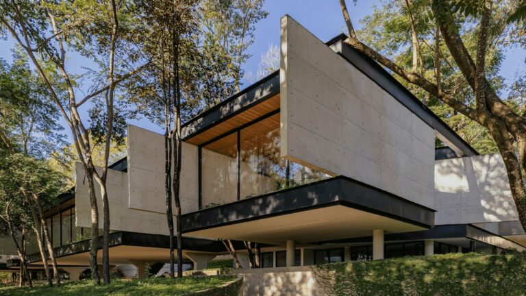 Cantilevered concrete volume and steel structure integrated into a surrounding forest setting in Casa em São Paulo.