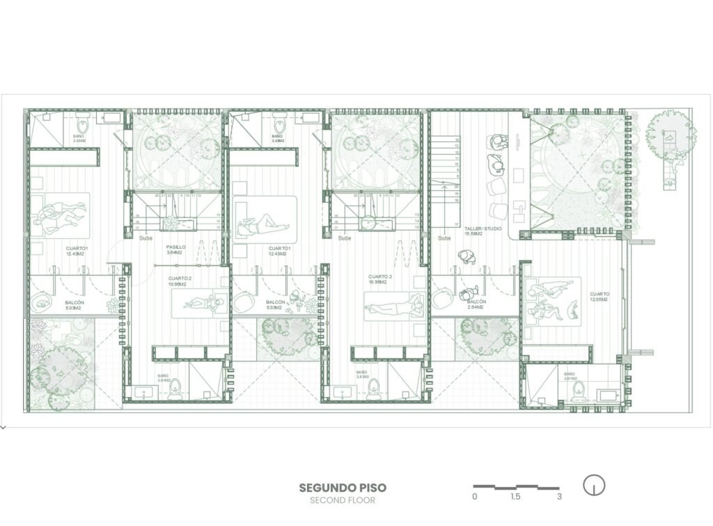 Detailed second-floor architectural plan of La Colmena project in Dur&aacute;n, showing the spatial arrangement of bedrooms, balconies, private bathrooms, workshops, and open-air filtration lightwells.
