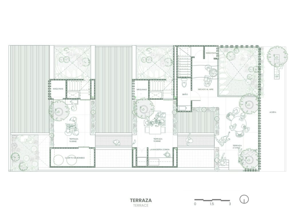 Architectural rooftop terrace plan of La Colmena housing project, displaying communal outdoor seating areas, shared laundry facilities, urban farming gardens, and drying spaces.