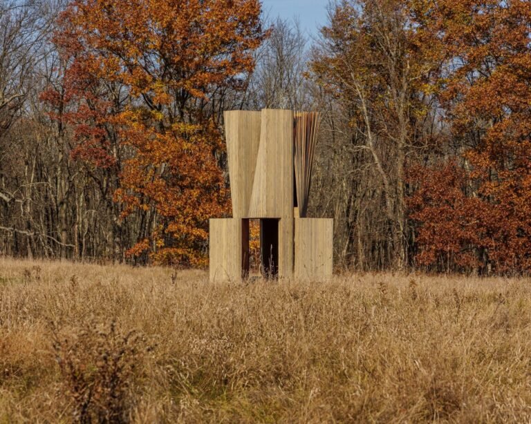 A distant view of Match House, a single-room wood installation by Young Projects, situated in a field of dry, tall grass with a backdrop of autumn trees in full color at Art Omi. The geometric structure features a lower stable base and top vessels.