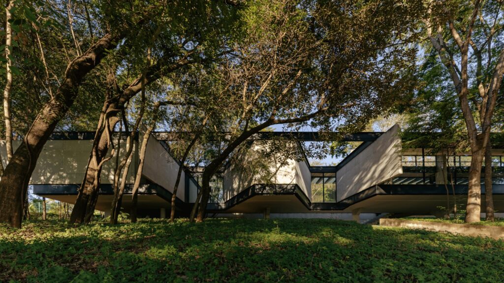 Suspended horizontal building volumes with glass and concrete facades nestled among forest trees.