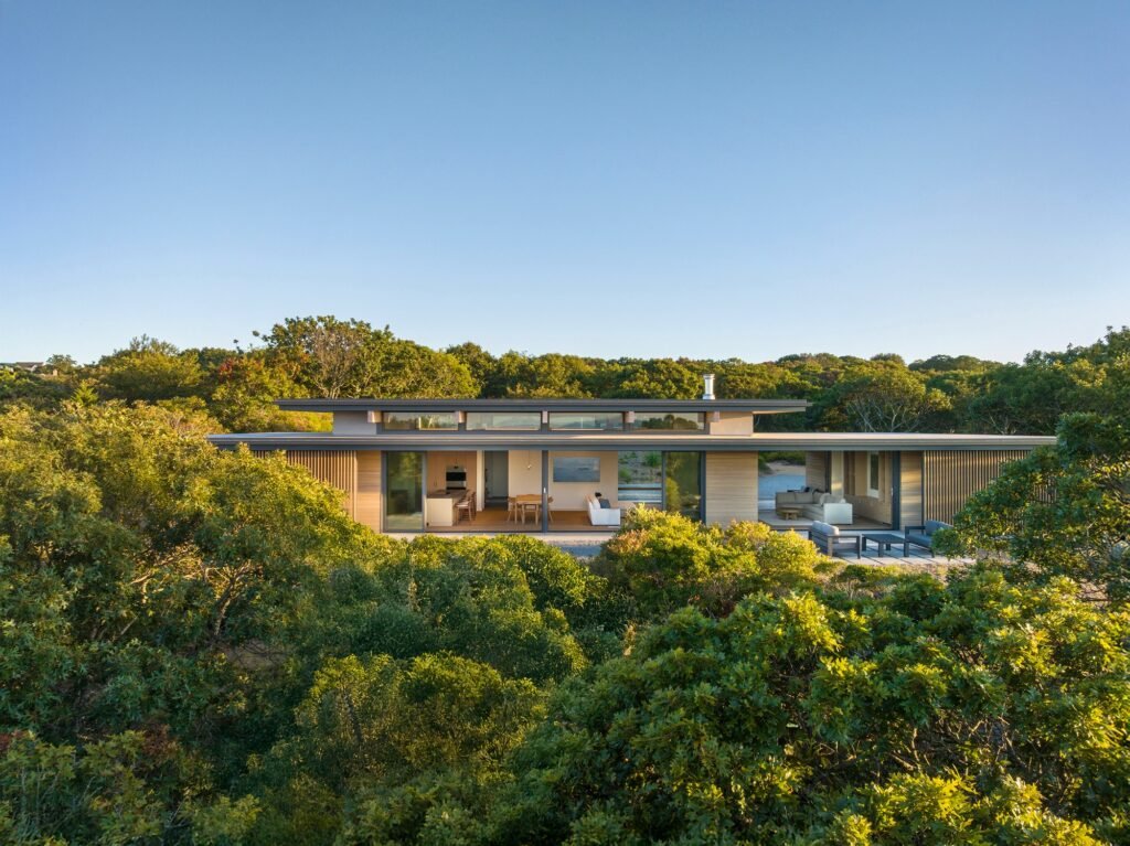Elevated aerial view of the single-level Veil House surrounded by dense green forest foliage under a clear blue sky.