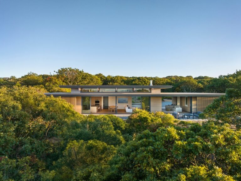 Elevated aerial view of the single-level Veil House surrounded by dense green forest foliage under a clear blue sky.