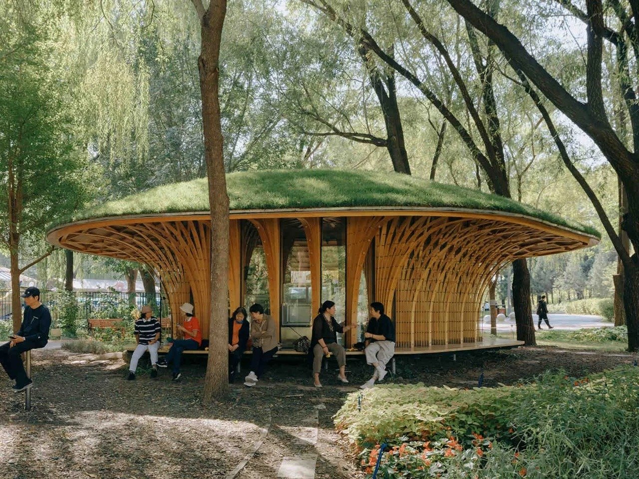 Mushroom-shaped timber pavilion with a green roof surrounded by trees and park visitors resting on an integrated wooden deck bench.