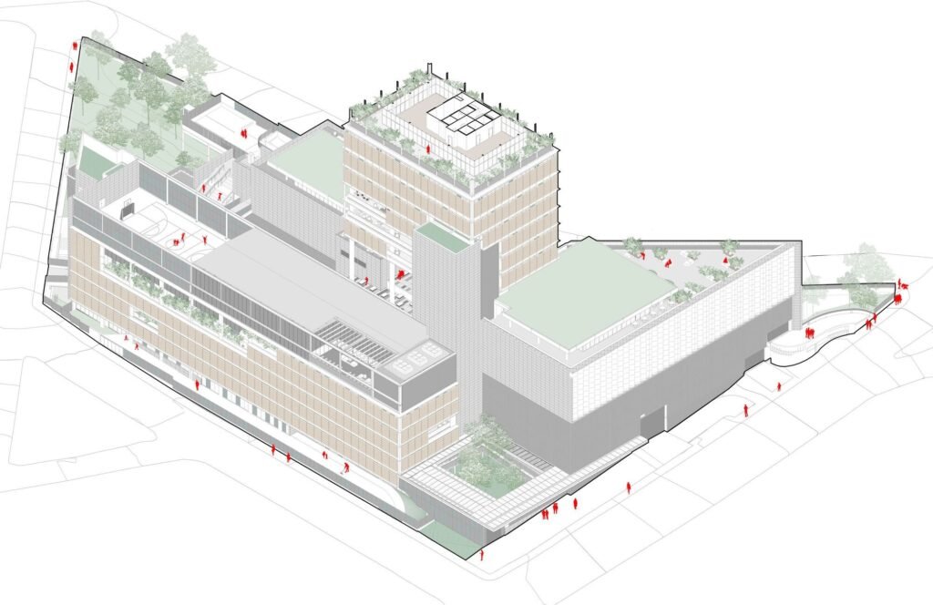 Isometric architectural diagram of the Colégio Bernoulli campus highlighting its four main volumes and multi-level layout.