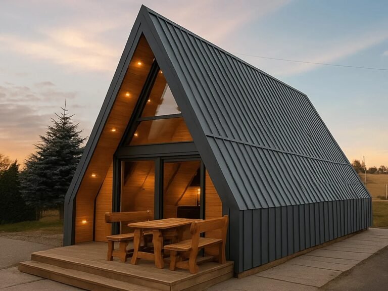 Exterior front view of a modern A-frame tiny house with dark metal standing seam roof, illuminated warm timber porch, and a wooden picnic table at dusk.