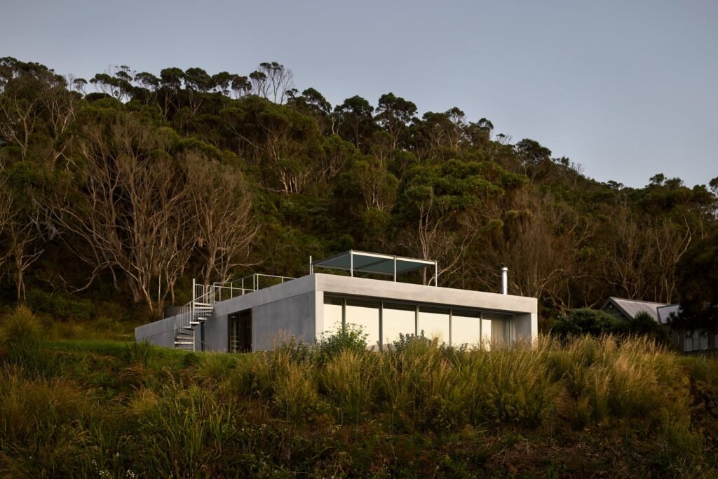 Otway Beach House surrounded by dense forest canopy and native grasses under warm afternoon light.