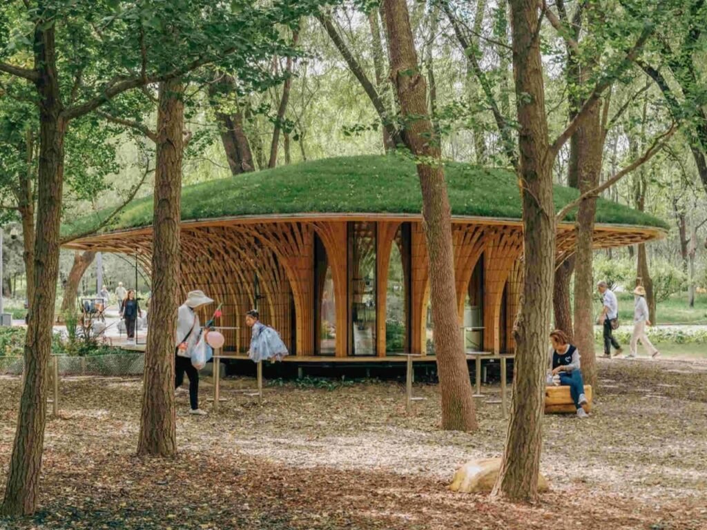 Exterior wide shot of the West Garden Florist wooden structure nestled between existing tree trunks in a wooded park area.