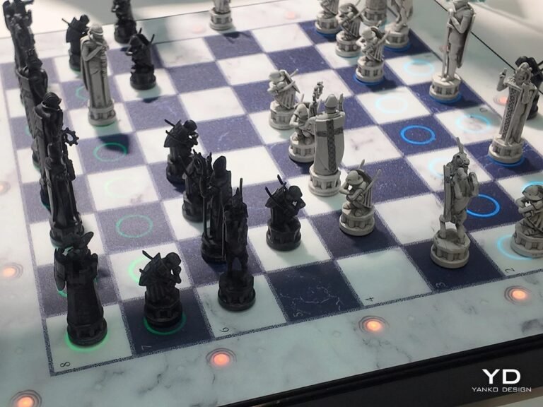 Sculpted chess pieces positioned on an illuminated marble chessboard featuring glowing LED circular indicators under the tiles.