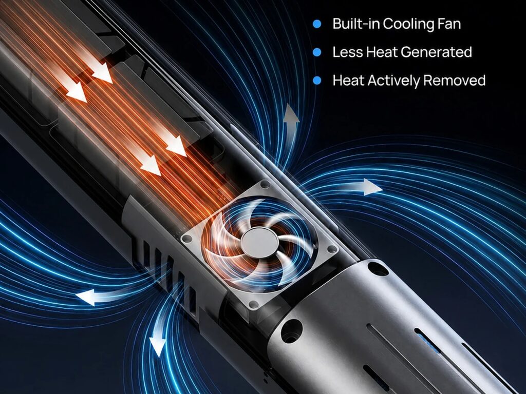 A cross-sectional diagram of the Sonic Cutter Max 10, with an inset of the built-in cooling fan, showing blue arrows for airflow removing orange-coded heat from internal components.