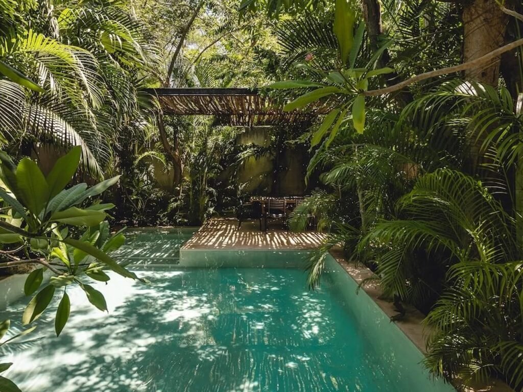Natural-style swimming pool enclosed by dense tropical jungle and a shaded bamboo pergola at Casa del Loro in M&eacute;rida, Mexico.
