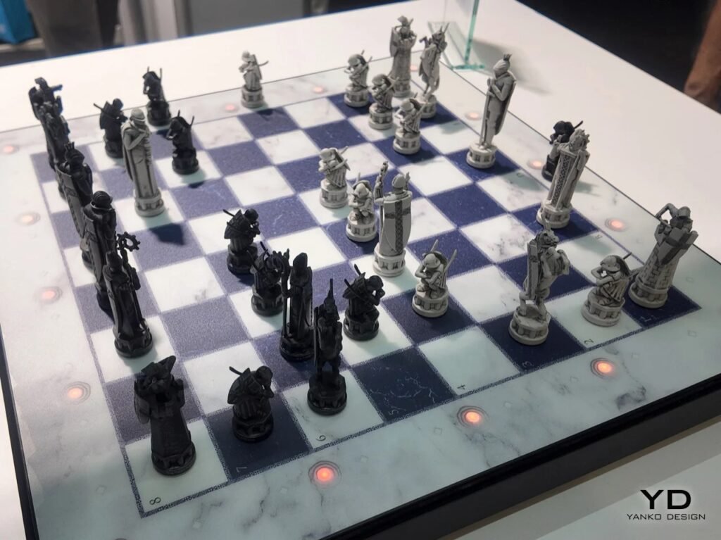 Full top-down angle view of a automated smart chessboard with detailed miniature figure pieces arranged on marble tiles.