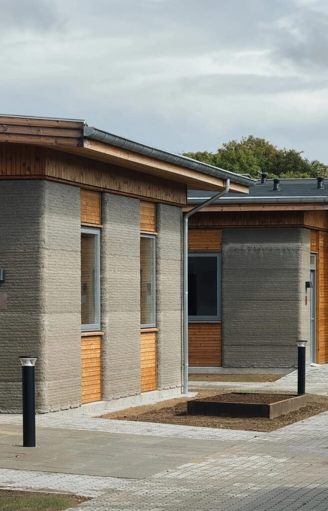 Close-up of layered 3D printed concrete exterior wall paired with warm timber paneling on low-rise student housing.