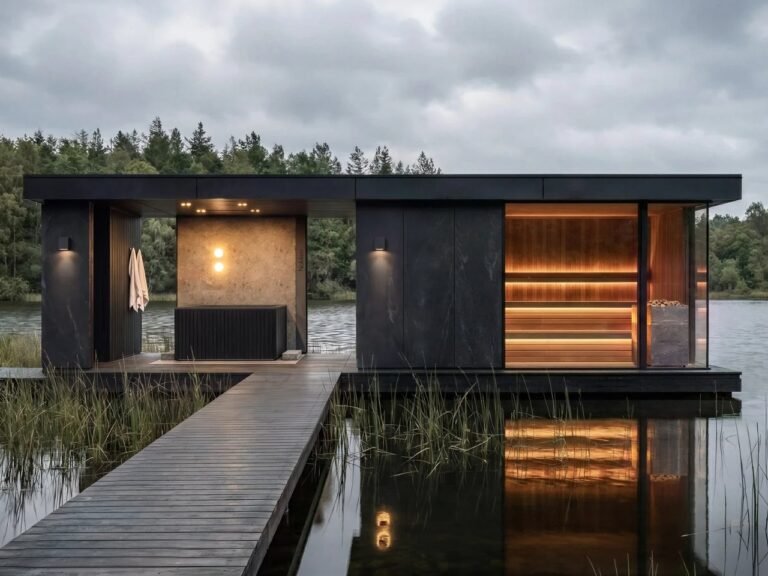 Prefabricated black timber sauna unit by Nokken floating on a lake pier with illuminated wooden interiors and a cold plunge tub area.