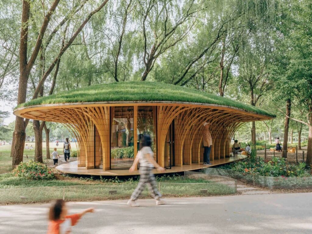 Curved timber pavilion elevated on ground screws along a paved park path with pedestrians walking past.