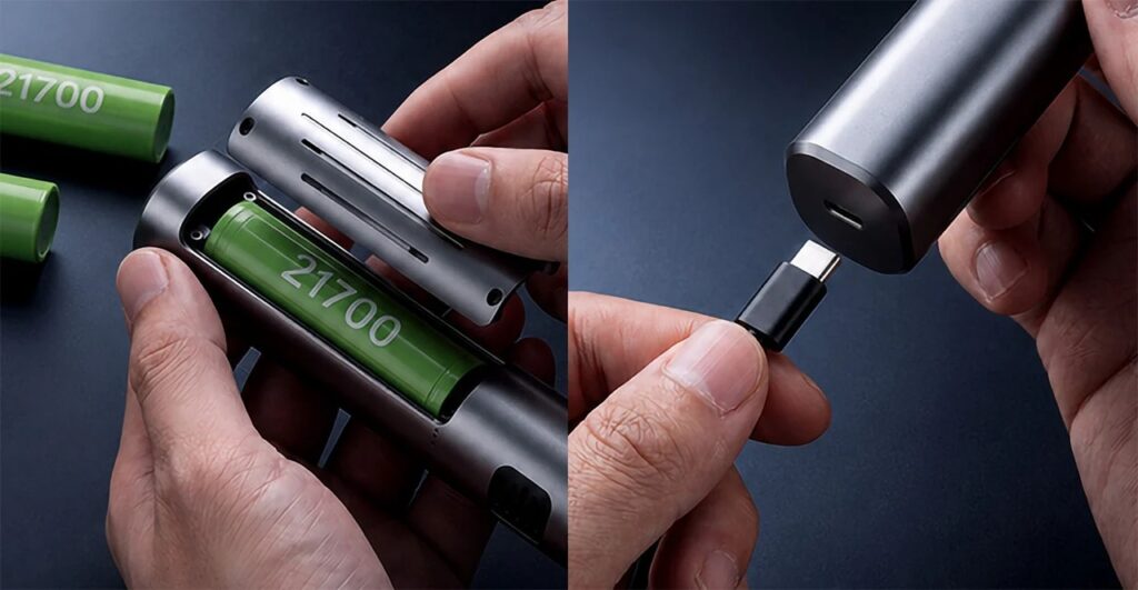 A two-part composite image: on the left, a user installs a green 21700 battery into the Sonic Cutter Max 10; on the right, a USB-C cable is shown connecting for pass-through charging.