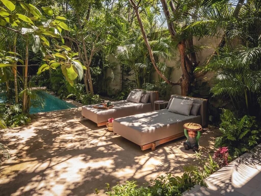 Outdoor shaded patio with two lounge chairs on a concrete terrace surrounded by palm trees and jungle vegetation at Casa del Loro.