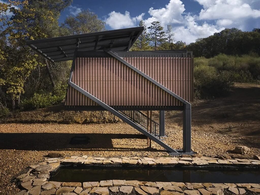Side elevation of Null House displaying vertical timber slatted cladding, diagonal steel bracing, and integrated solar panel roof structure.