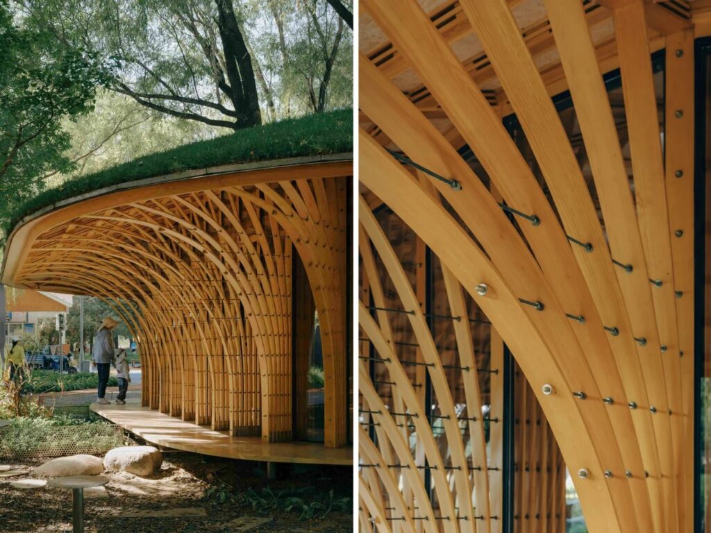 Split view showing a wooden arcade walkway on the left and a detailed view of bolted timber strip joinery on the right.