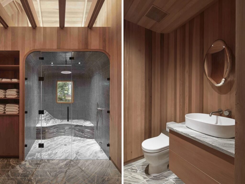 Dual view showing tiled steam shower on left and minimalist timber restroom vanity on right.