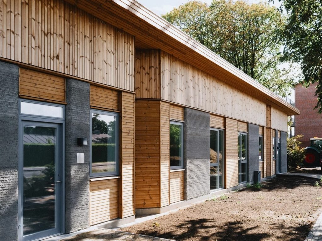 Side facade view of student apartment building showing 3D printed concrete panels, windows, and vertical wooden cladding.