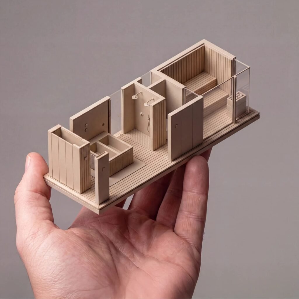 Architectural scale physical model held in hand showing the internal spatial layout of the Nokken prefabricated sauna unit.