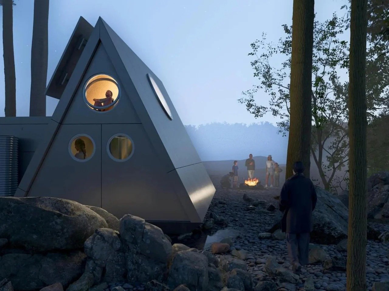 Modular A-frame Camping House deployed near a campfire at dusk with circular porthole windows showing warm interior light.