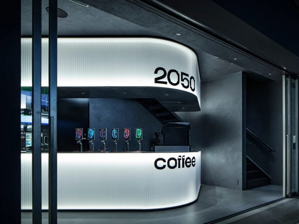 Perspective view of ground floor entrance, illuminated counter, tap handles, and staircase to second floor.