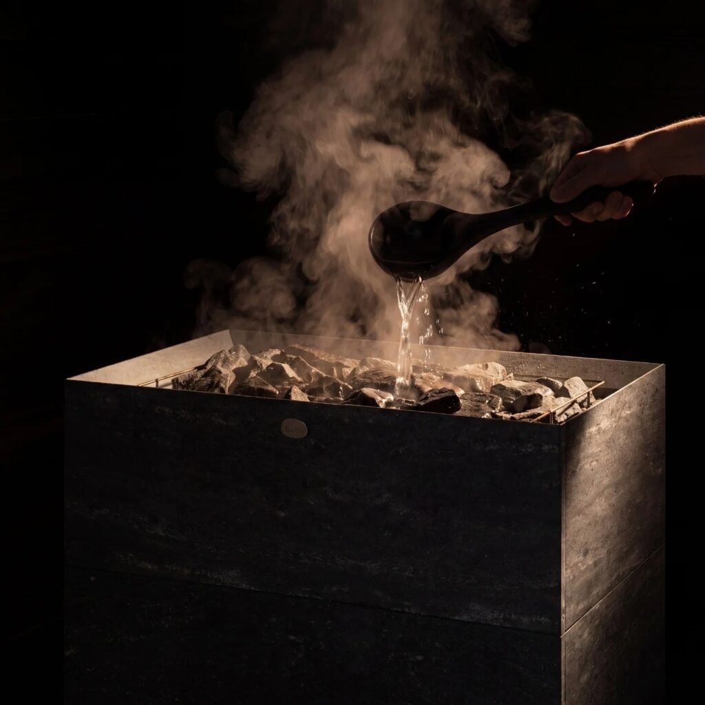 Hand pouring water with a wooden ladle onto hot sauna stove rocks generating steam inside a dark sauna.