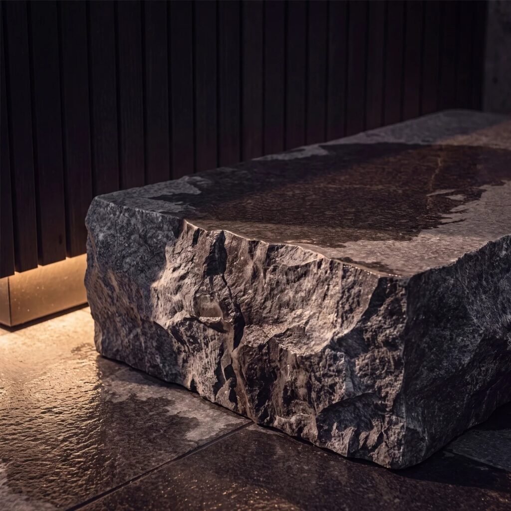 Rough-cut stone bench illuminated from below inside a modern spa environment.