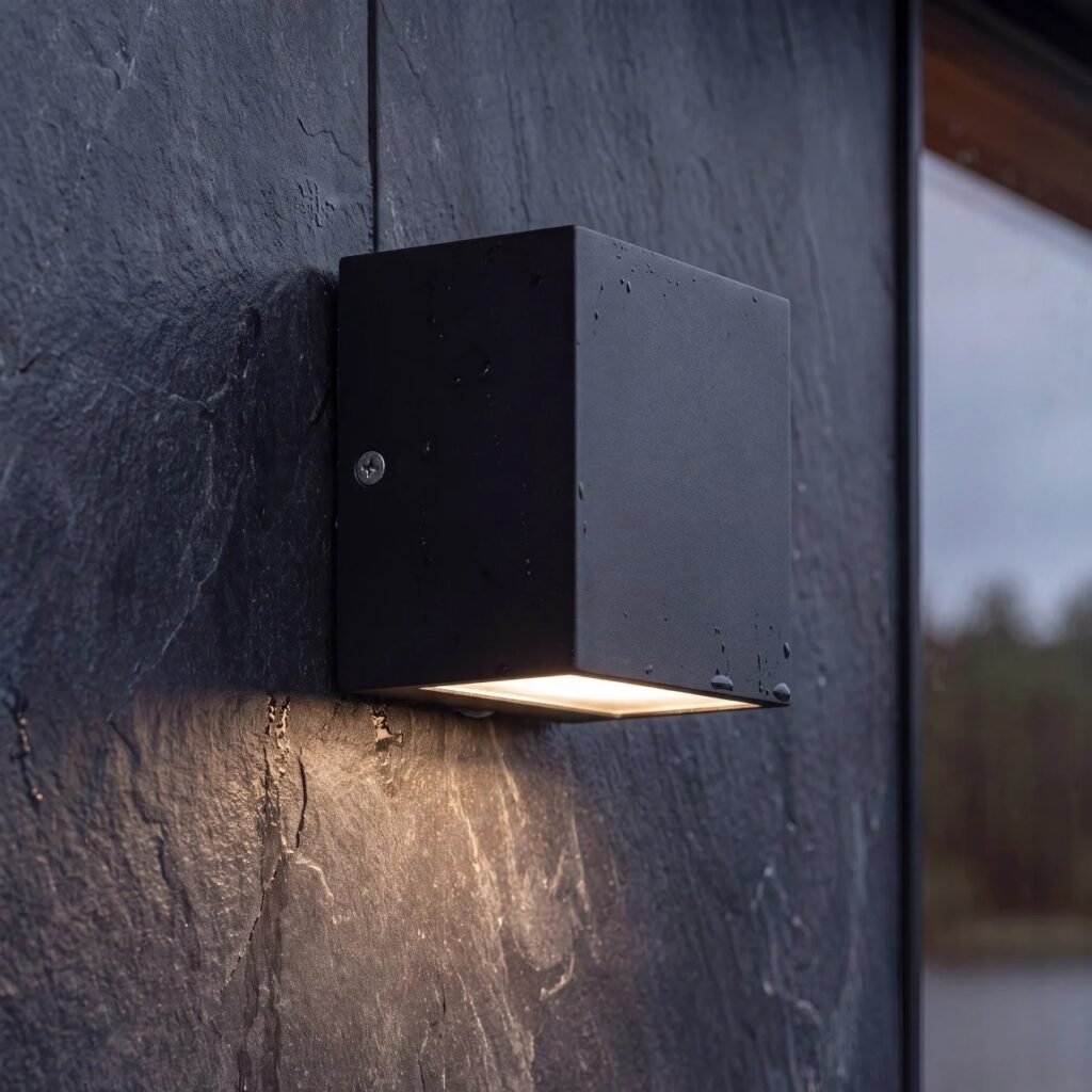 Black square exterior wall sconce light mounted on dark slate wall tile emitting warm downlight.