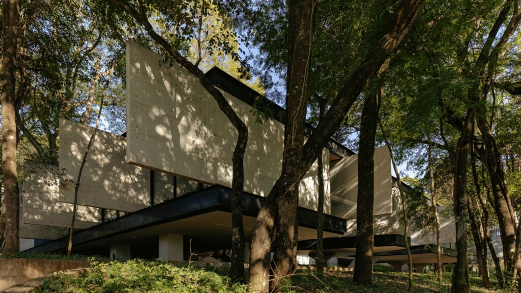 Vertical concrete wall panels projecting outward over a sloped garden surrounded by mature trees.