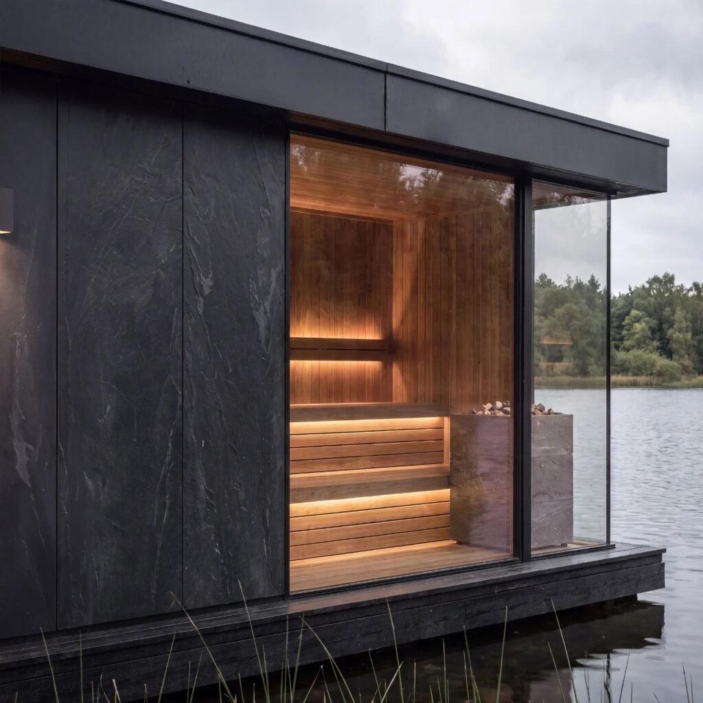 Floor-to-ceiling glass wall revealing multi-tiered wooden sauna benches illuminated by soft ambient lighting over a lake.
