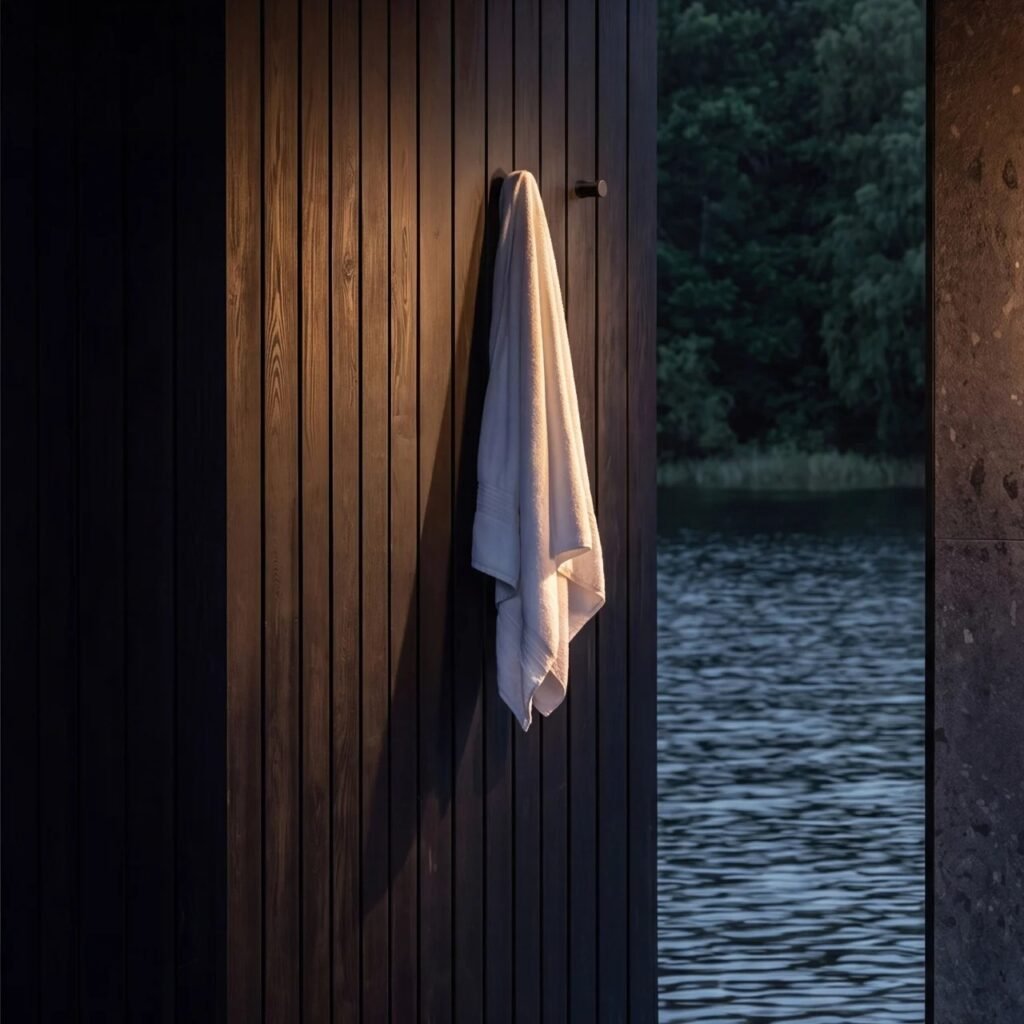 White bath towel hanging on a black hook against dark vertical timber slatted wall with water view in background.