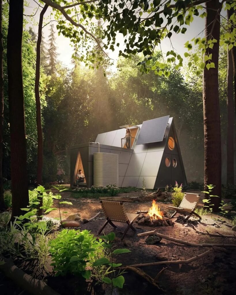 Camping House set up in a dense forest featuring solar roof panels, a rainwater collection tank, and an outdoor seating area around a campfire.