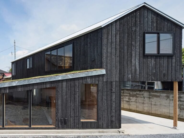 Exterior view of House in Mibu showing charrred cedar Yakisugi cladding, sloped green roof, and cantilevered upper volume over a concrete driveway.